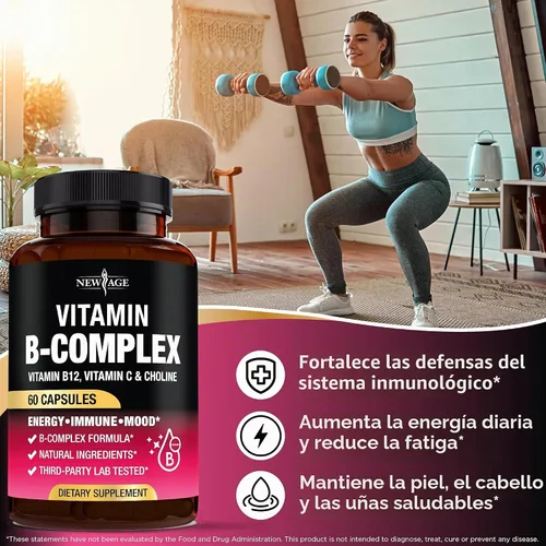 Vista 5 de Complejo de vitamina B para hombres y mujeres - Hecho en Estados Unidos - Complejo B: B1, B2, B3, B5, B6, B7, B8, B9, B12 con vitamina C, colina
