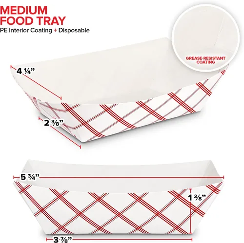 Vista 3 de Botes pequeños de papel para alimentos (paquete de 100) bandejas desechables de 1 libra a cuadros rojos y blancos, botes de comida ecológicos, botes