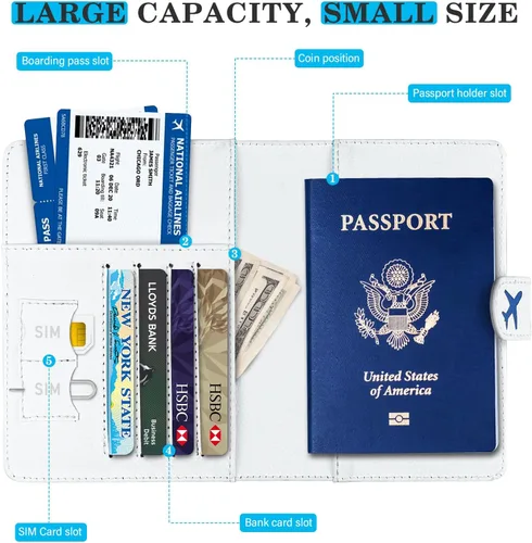 Vista 2 de Soporte para pasaporte para viaje, funda de cuero con bloqueo RFID, combo con ranura para tarjeta de crédito y ranura para tarjeta de embarque