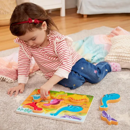 Vista 2 de B. toys – Mira y Explora 3 – Pack – Granja, Mar, Dinos – Juego de Rompecabezas Grueso 3 – Pack – Rompecabezas de Madera – 8 Piezas Cada Uno – 2+