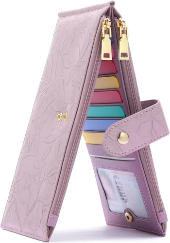 Vista 8 de GAEKEAO Cartera pequeña porta tarjetas de crédito para mujeres RFID de cuero delgada tipo pulsera con llavero y bolsillo con cremallera, Negro