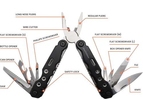 Vista 7 de Alicates multiherramienta 14 en 1 de acero inoxidable, grandes accesorios de camping, regalos de múltiples herramientas para hombres con soporte