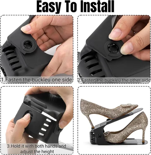 Vista 3 de Noamus Paquete de 24 ranuras para zapatos, apiladores de zapatos ajustables de 4 niveles, soporte de almacenamiento de zapatos de doble cubierta