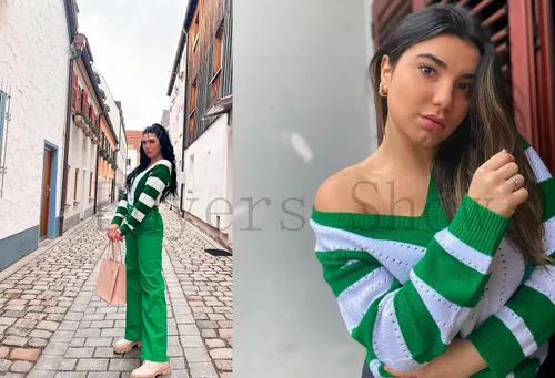 Vista 4 de EVALESS Suéteres para mujer, manga sexy, cuello en V profundo, casual, tejido a rayas