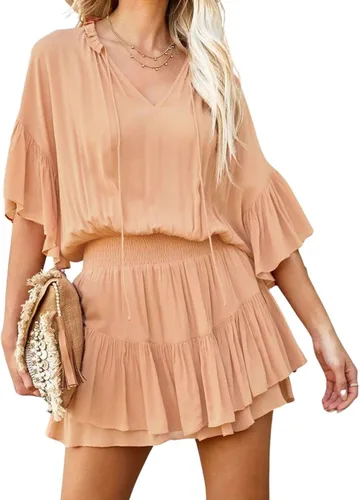 Vista 3 de CHARTOU Vestido plisado de gasa de gran tamaño para mujer, con mangas con volantes, para playa, con vuelos