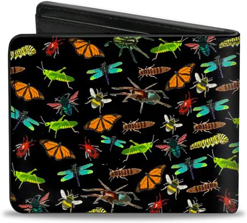 Vista 2 de Buckle-Down Billetera plegable de PU para hombre con insectos dispersos, negro, multicolor, 4.0" x 3.5", Varios