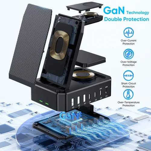 Vista 5 de Estación de carga de 300W para múltiples dispositivos Apple, cargador inalámbrico 10 en 1 para iPhone, soporte de carga rápida PD 65W USB C GaN III