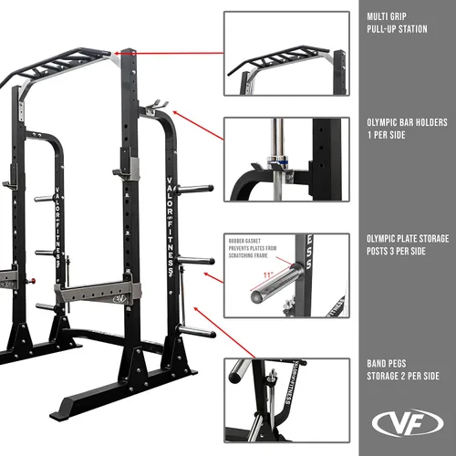 Vista 4 de Valor Fitness Máquina de sentadillas de media rejilla - Estación de dominadas de agarre múltiple de 5 posiciones - Altura ajustable, almacenamiento