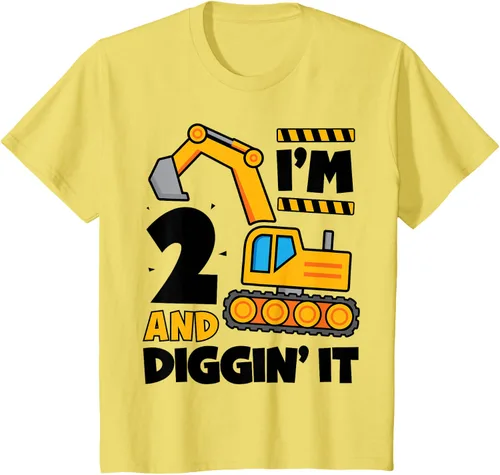 Vista 4 de Kids 2 Two and Digging It 2nd Birthday Boy Construction Excavator T-Shirt, Gris Gris Oscuro