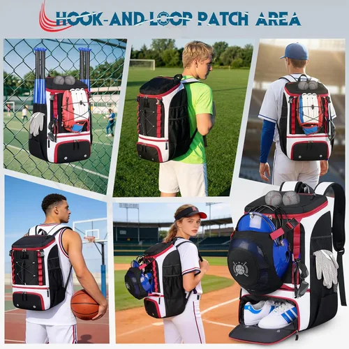 Vista 7 de SDYSM Bolsa de béisbol ligera para adultos y jóvenes, mochila de béisbol grande de 40 litros con compartimento para zapatos, soporte para casco