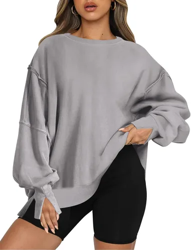 Vista 2 de Panadila Sudadera de gran tamaño con cuello redondo para mujer, con aberturas laterales, casual, manga larga, ajuste holgado