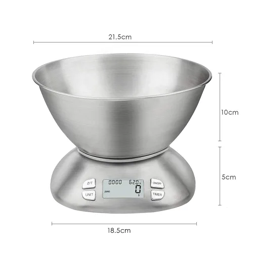 Vista 9 de Báscula digital de cocina con cuenco extraíble de 2.5 L, báscula electrónica de alimentos de acero inoxidable para cocinar hornear, temperatura