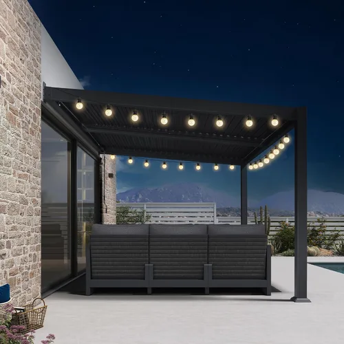 Vista 23 de PURPLE LEAF Pérgola con listones de techo rígido de 8 x 10, pérgola de aluminio para patio al aire libre con techo ajustable a prueba de lluvia