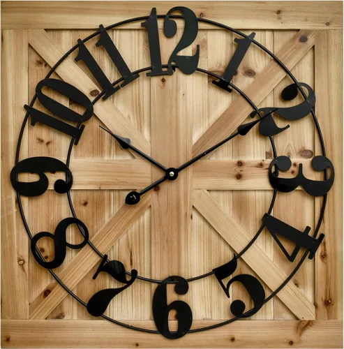 Vista 3 de EMAX HOME Reloj de pared grande estilo casa de campo, reloj de madera rústico cuadrado marrón de 24 pulgadas con letrero decorativo de madera