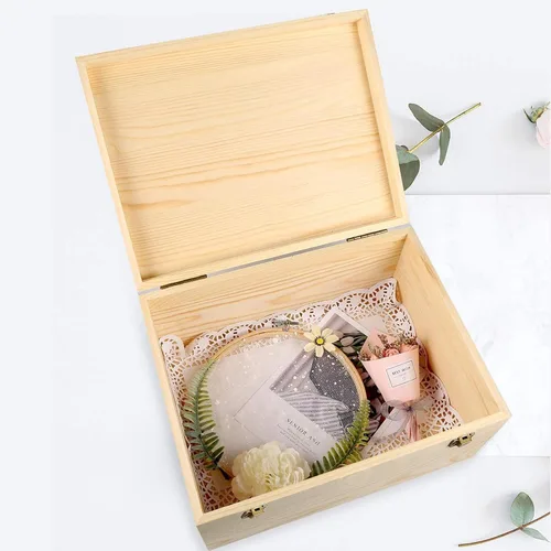 Vista 5 de Caja de madera sin terminar de 12 x 9 x 5 pulgadas, caja de almacenamiento de madera natural Large Craft Stash Boxes, Hinged Lid Front Clasp Case
