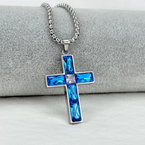 Vista 13 de Collar de cruz para hombre, piedras preciosas de color piedra natal de circonita cúbica, collar de acero inoxidable para hombre, cadena de 24