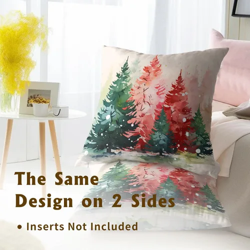 Vista 5 de Fundas de almohada de árbol de Navidad de acuarela, juego de 2 - 18x18 pulgadas, rojo verde, árboles de pino de Navidad, fundas de almohada