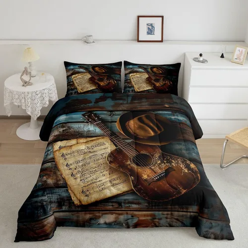 Vista 13 de Castle Fairy Juego de edredón de botas de vaquero, tamaño individual, juego de ropa de cama bohemio con guitarra musical para niños y niños