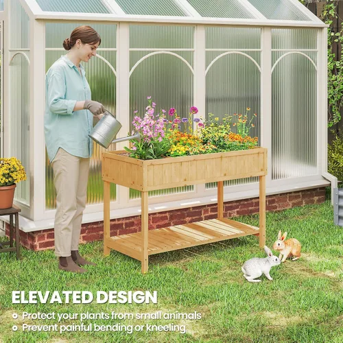 Vista 5 de Outsunny Cama de jardín elevada de 43 x 18 x 30 pulgadas con 8 bolsillos y estante, maceta elevada de madera con patas para cultivar hierbas, Madera