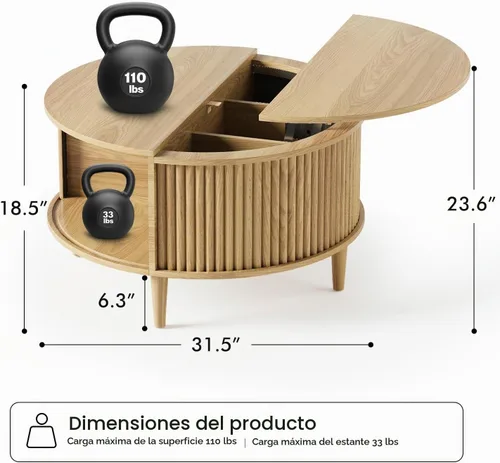 Vista 2 de Mesa auxiliar con tapa elevable y almacenamiento, mesa central redonda acanalada con puerta de armario deslizante, mesa pequeña circular para sala