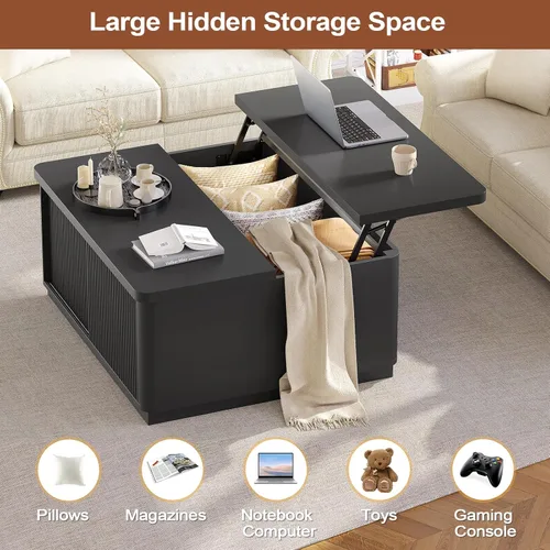 Vista 4 de Itaar Mesa auxiliar elevable de 39.4 pulgadas con almacenamiento, mesas de centro estriadas para sala de estar, mesa de centro cuadrada con gran