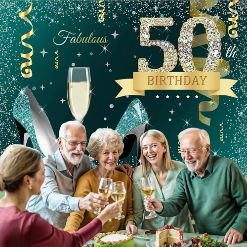 Vista 3 de InMemory Telón de fondo de 50 cumpleaños verde turquesa con purpurina y puntos dorados de tacón alto, vidrio champán, fondo de fotografía