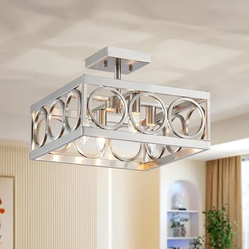 Vista 13 de XINGQI Candelabro moderno cuadrado de 17.7 pulgadas, 4 luces, lámpara colgante de granja para comedor, sala de estar, dormitorio, isla de cocina