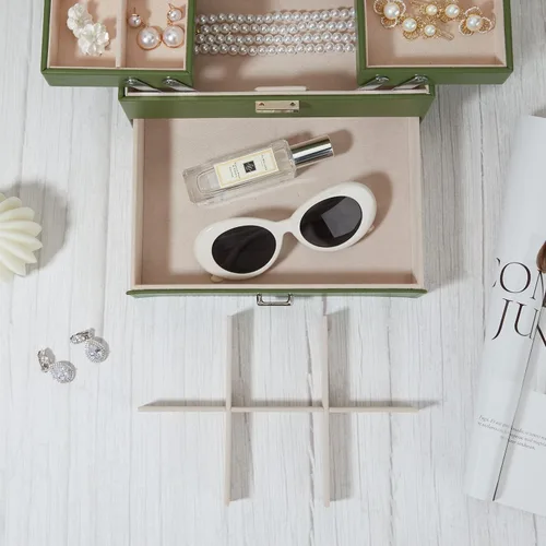 Vista 5 de Joyero de 3 capas grande de cuero organizador de joyas para mujeres y niñas, elegante y bien organizado para aretes, anillos, collares, pulseras