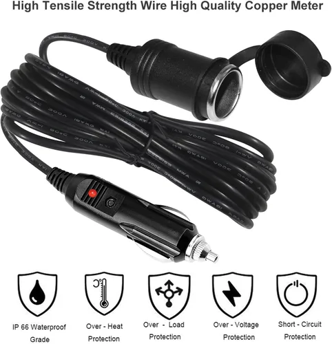 Vista 6 de Cable de extensión para encendedor de cigarrillos de 12 V, 12 pies, cargador de automóvil, enchufe macho a enchufe hembra, cable de extensión