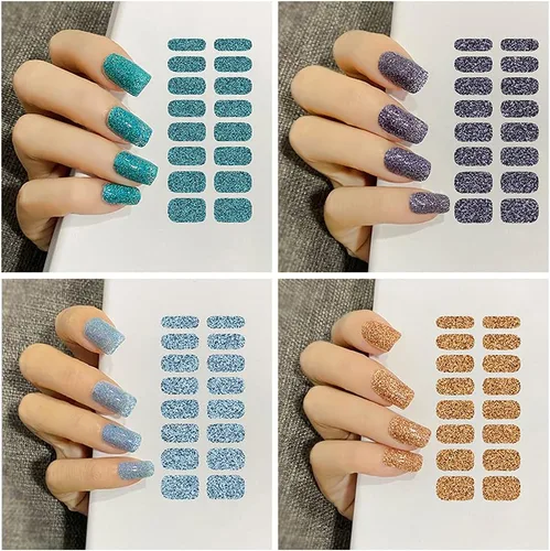 Vista 2 de 12 hojas de esmalte de uñas con purpurina, tiras de esmalte de uñas de color sólido, calcomanías de esmalte de uñas de envoltura completa