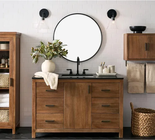 Vista 3 de G-LEAF Espejo redondo negro de 32 pulgadas para tocador de baño, entrada, sala de estar, espejo de baño redondo para pared
