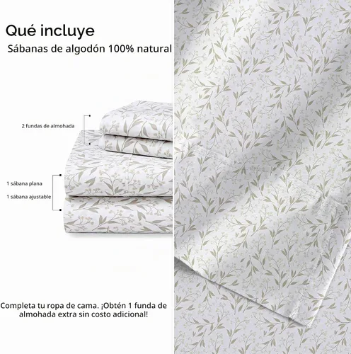 Vista 4 de RUVANTI 4 piezas de sábanas de algodón - 100% algodón natural suave, ligero y transpirable, sábanas de percal crujiente, juego de sábanas Botanica