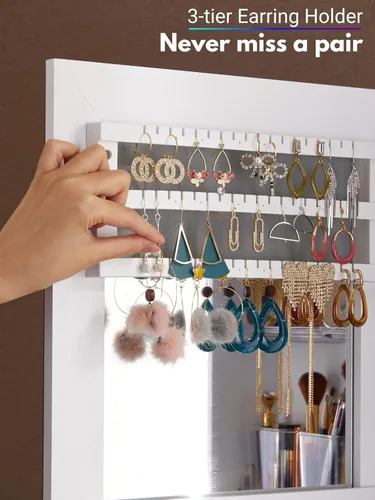 Vista 7 de YOKUKINA Armario de joyería LED montado en la pared y la puerta, espejo de vestidor de longitud completa con organizador grande con cerradura