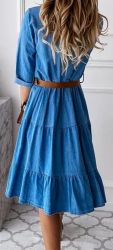 Vista 3 de CHARTOU Vestido largo con cuello de solapa retro para mujer plisado con volantes midi escalonado