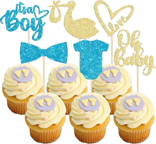 Vista 17 de Gyufise Paquete de 36 adornos para cupcakes Oh Baby ensamblados con texto en inglés "It's a Boy" con corbata, mameluco de amor, corazón, purpurina