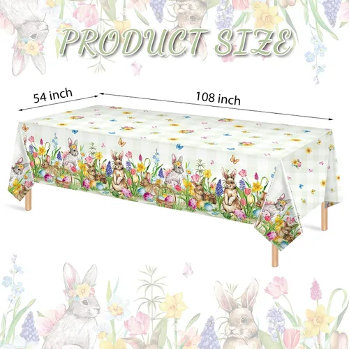 Vista 2 de Riakrum Mantel de Pascua rectangular de plástico con huevos de conejo, mantel floral para decoración y suministros de fiesta de Pascua, primavera