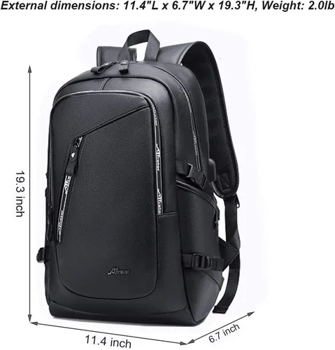 Vista 2 de DYJ Mochila de cuero vegano para laptop para mujeres y hombres, mochilas de viaje vintage de poliuretano con puerto de carga USB para laptop de 17
