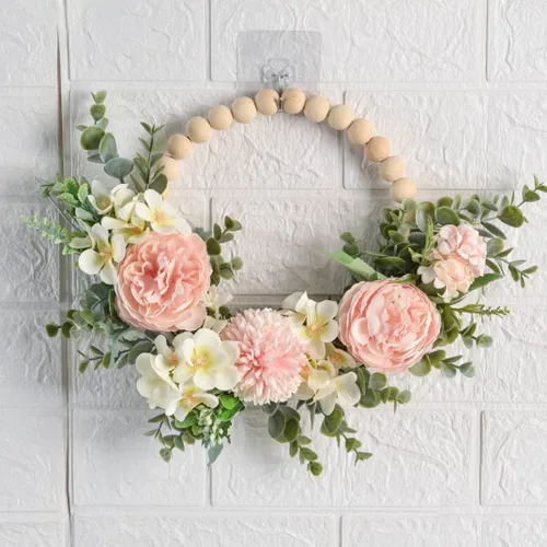 Vista 5 de Guirnalda decorativa multiusos de primavera, corona floral de cuentas de madera, flor artificial con hojas de eucalipto, aro colgante para boda
