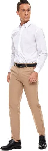 Vista 4 de Plaid&Plain Pantalones de vestir para hombre, ajustados, elásticos, color caqui, sin arrugas