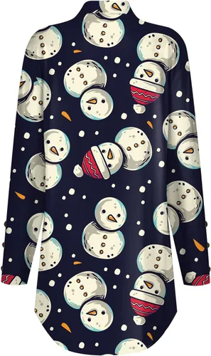Vista 2 de Christmas Shirts for Women, Women's Casual High Neck Shirt Button-Down Loose T-Shirt Christmas Print Long Sleeve Tops