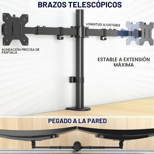 Vista 3 de VIVO Soporte de escritorio con LED LCD dual de 21 a 32 pulgadas, resistente, brazos telescópicos ajustables, configuración de pared empotrada, se