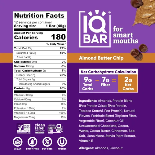 Vista 2 de IQBAR Clean Plant - Barras de proteína de mantequilla de almendras y arándanos de limón, paquete de 12 unidades, keto, vegano, alto en fibra, sin