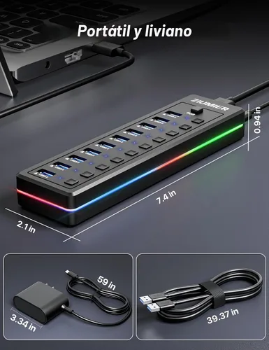 Vista 5 de Hub USB alimentado, divisor USB de 10 puertos con tira LED RGB