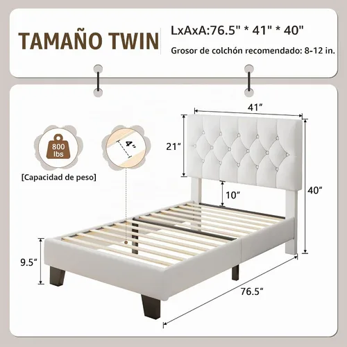 Vista 2 de iPormis Base de cama tapizada de tamaño individual con cabecera capitoné con botones, plataforma de terciopelo con patas de soporte gruesas, diseño
