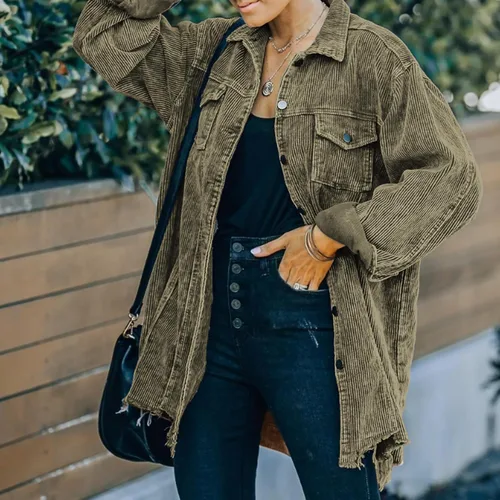 Vista 3 de Hixiaohe Chaqueta Camisa de Pana con Botones Holgada Casual para Mujer Abrigo Lavado Retro Shacket Verde militar