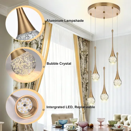 Vista 2 de Candelabro de 5 luces de cristal cepillado dorado, regulable, con forma de gota de lluvia, lámpara colgante en espiral ajustable de lujo