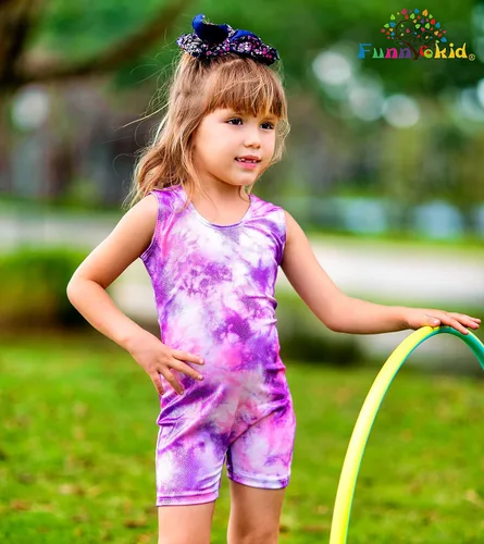 Vista 3 de Funnycokid Leotardos de gimnasia para niñas con pantalones cortos, unitardos de baile brillantes de sirena, pantalones de ciclismo activos de 2 a 10