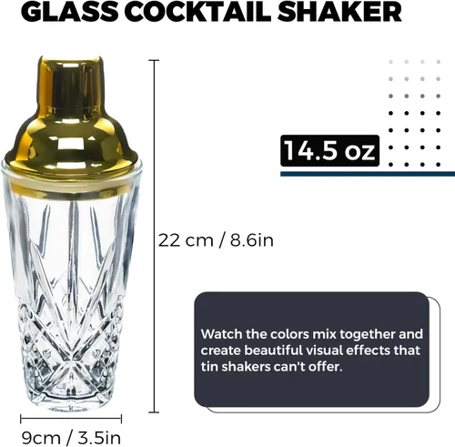 Vista 2 de Coctelera de cristal, 14.5 onzas, coctelera para bares, whisky, cócteles, color dorado Oro