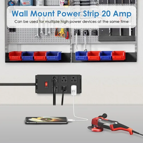 Vista 4 de JUNNUJ Regleta de alimentación resistente de 20 amperios, garaje 6 salidas de metal calibre 12, protector de sobretensiones 3000J, adaptador 5-15P