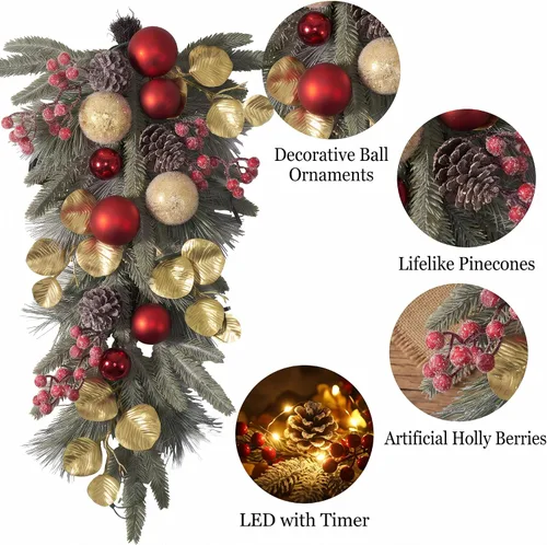 Vista 8 de Valery Madelyn Red Gold Christmas Teardrop Swag Decoration with Lights Rojo dorado